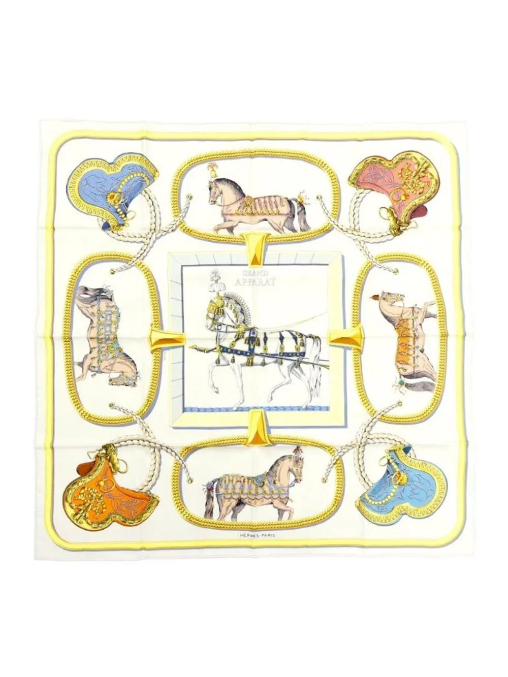 Hermes Carre 90 Grand Apala Cream Gold Multicolor Silk Scarf